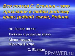 Вся поэзия С. Есенина – это признание в любви родному краю, родной земле, Родине