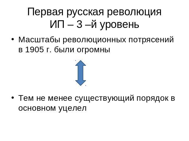 Первая русская революцияИП – 3 –й уровень Масштабы революционных потрясений в 1905 г. были огромныТем не менее существующий порядок в основном уцелел