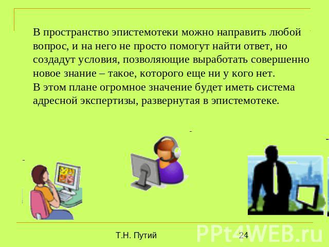 В пространство эпистемотеки можно направить любой вопрос, и на него не просто помогут найти ответ, но создадут условия, позволяющие выработать совершенно новое знание – такое, которого еще ни у кого нет.В этом плане огромное значение будет иметь сис…