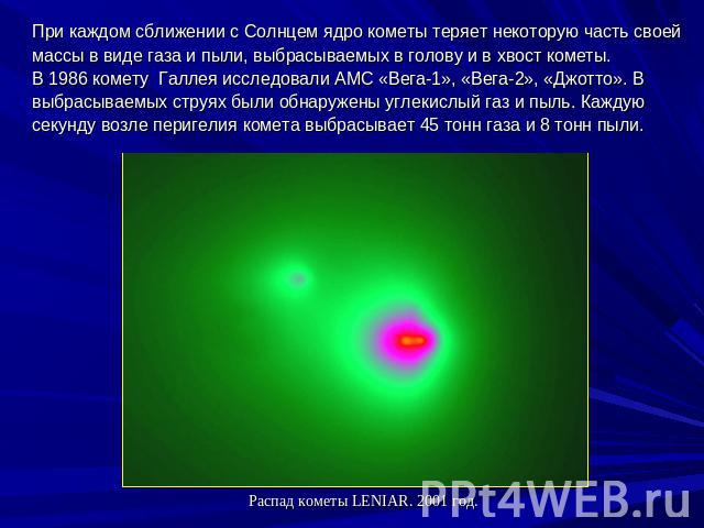 При каждом сближении с Солнцем ядро кометы теряет некоторую часть своей массы в виде газа и пыли, выбрасываемых в голову и в хвост кометы.В 1986 комету  Галлея исследовали АМС «Вега-1», «Вега-2», «Джотто». В выбрасываемых струях были обнаружены угле…