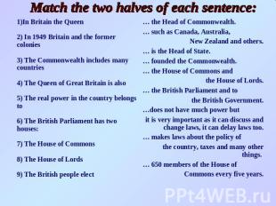 Match the two halves of each sentence:In Britain the Queen2) In 1949 Britain and