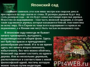 Японский сад Может занимать угол или нишу внутри или снаружи дома и простираться