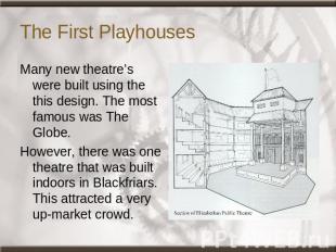 The First Playhouses Many new theatre’s were built using the this design. The mo