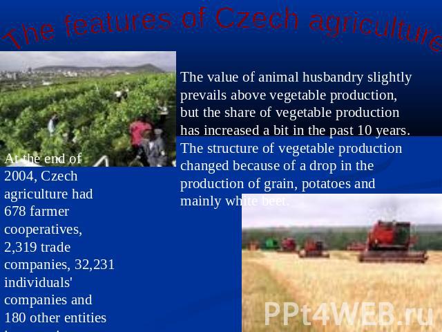 The features of Czech agriculture The value of animal husbandry slightly prevails above vegetable production, but the share of vegetable production has increased a bit in the past 10 years. The structure of vegetable production changed because of a …
