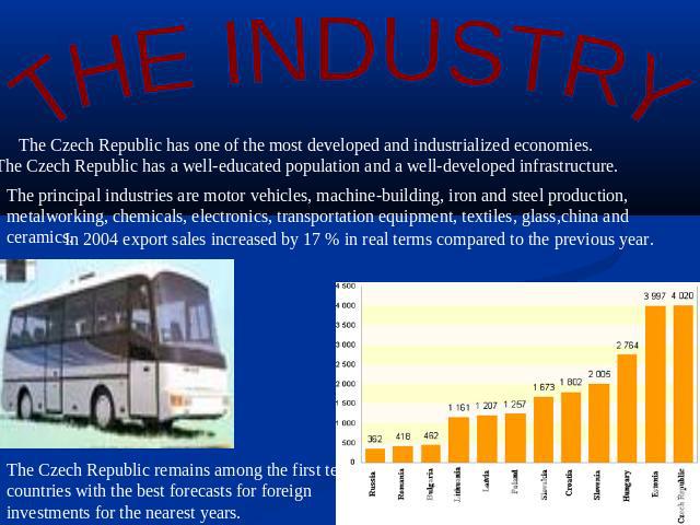 THE INDUSTRY The Czech Republic has one of the most developed and industrialized economies. The Czech Republic has a well-educated population and a well-developed infrastructure. The principal industries are motor vehicles, machine-building, iron an…