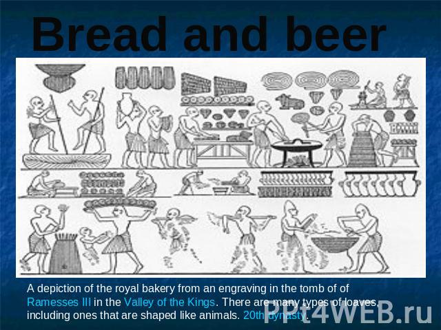 Bread and beer A depiction of the royal bakery from an engraving in the tomb of of Ramesses III in the Valley of the Kings. There are many types of loaves, including ones that are shaped like animals. 20th dynasty.