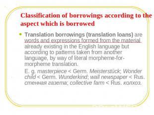 Classification of borrowings according to the aspect which is borrowed Translati