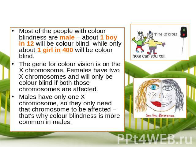 Most of the people with colour blindness are male – about 1 boy in 12 will be colour blind, while only about 1 girl in 400 will be colour blind.The gene for colour vision is on the X chromosome. Females have two X chromosomes and will only be colour…