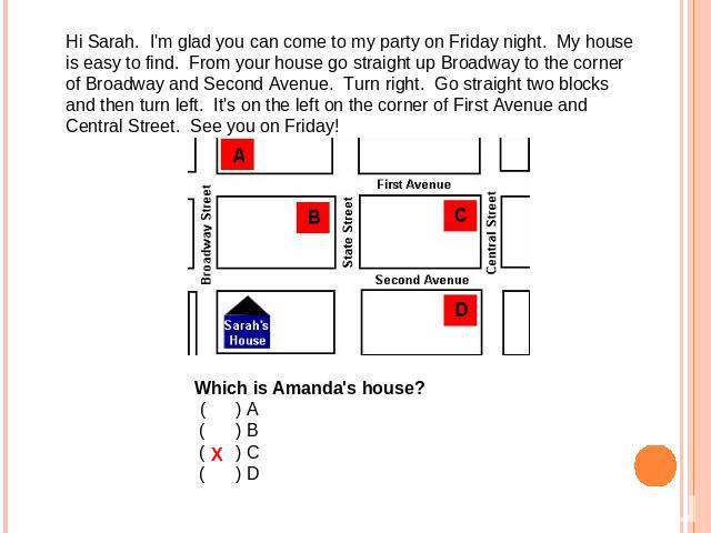 Hi Sarah.  I'm glad you can come to my party on Friday night.  My house is easy to find.  From your house go straight up Broadway to the corner of Broadway and Second Avenue.  Turn right.  Go straight two blocks and then turn left.  It's on the left…