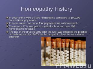 Homeopathy History In 1890, there were 14,000 homeopaths compared to 100,000 con