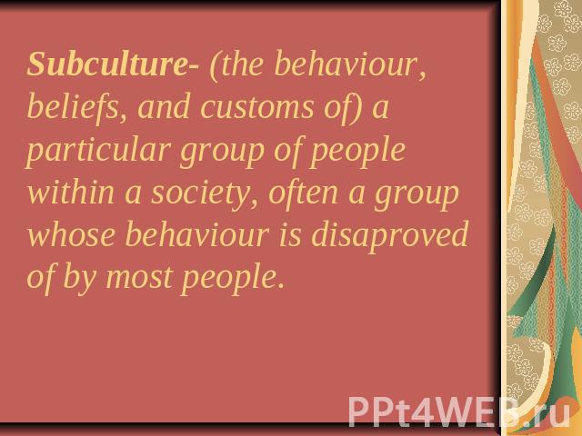 Subculture- (the behaviour, beliefs, and customs of) a particular group of people within a society, often a group whose behaviour is disaproved of by most people.
