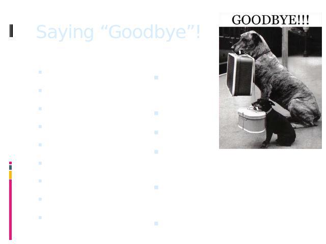 Saying “Goodbye”! Bye!Bye for now!Bye – bye!See ya!So long!Ciao!Later!Cheerio!See you! See you around!Farwell!Ta – ra!See you againg!Ta – ta for now!Catch you later!Goodbye!