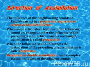 Direction of Assimilation.The influence of the neighbouring sounds in English ca