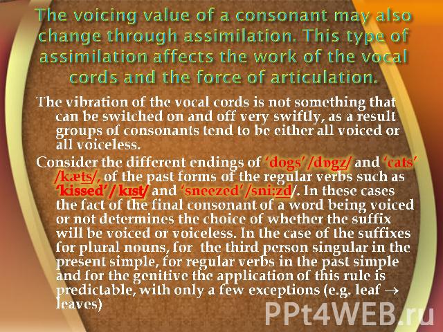 The voicing value of a consonant may also change through assimilation. This type of assimilation affects the work of the vocal cords and the force of articulation. The vibration of the vocal cords is not something that can be switched on and off ver…