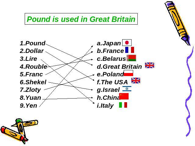 Pound is used in Great Britain 1.Pound2.Dollar3.Lire4.Rouble5.Franc6.Shekel7.Zloty8.Yuan9.Yen a.Japan b.France c.Belarus d.Great Britain e.Poland f.The USA g.Israel h.China i.Italy