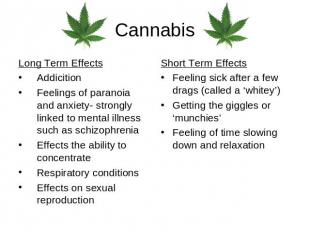 Cannabis Long Term EffectsAddicitionFeelings of paranoia and anxiety- strongly l
