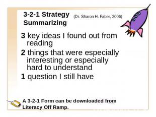 3-2-1 StrategySummarizing (Dr. Sharon H. Faber, 2006) 3 key ideas I found out fr