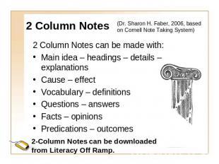 2 Column Notes (Dr. Sharon H. Faber, 2006, based on Cornell Note Taking System)