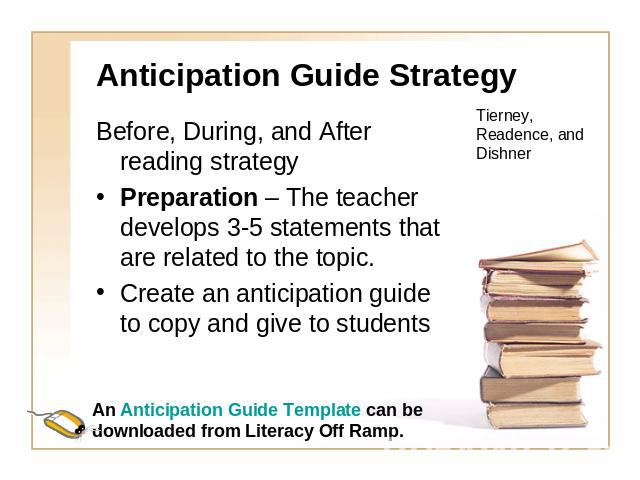 Anticipation Guide Strategy Before, During, and After reading strategyPreparation – The teacher develops 3-5 statements that are related to the topic.Create an anticipation guide to copy and give to students Tierney, Readence, and Dishner