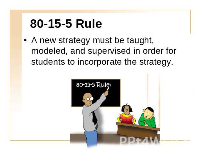 80-15-5 Rule A new strategy must be taught, modeled, and supervised in order for students to incorporate the strategy.