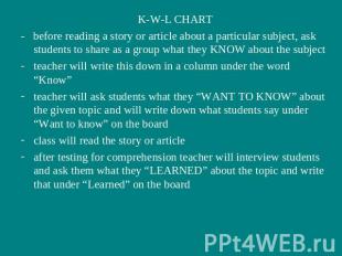 K-W-L CHART- before reading a story or article about a particular subject, ask s