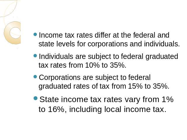 Income tax rates differ at the federal and state levels for corporations and individuals.Individuals are subject to federal graduated tax rates from 10% to 35%.Corporations are subject to federal graduated rates of tax from 15% to 35%.State income t…