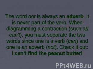 The word not is always an adverb. It is never part of the verb. When diagramming
