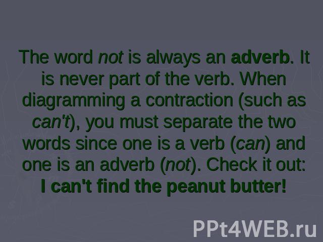 The word not is always an adverb. It is never part of the verb. When diagramming a contraction (such as can't), you must separate the two words since one is a verb (can) and one is an adverb (not). Check it out:I can't find the peanut butter!
