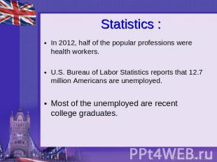 Statistics : In 2012, half of the popular professions were health workers.U.S. B