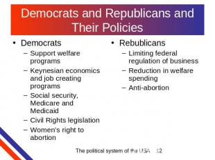 Democrats and Republicans and Their Policies DemocratsSupport welfare programsKe