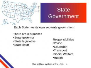 State Government Each State has its own separate government There are 3 branches