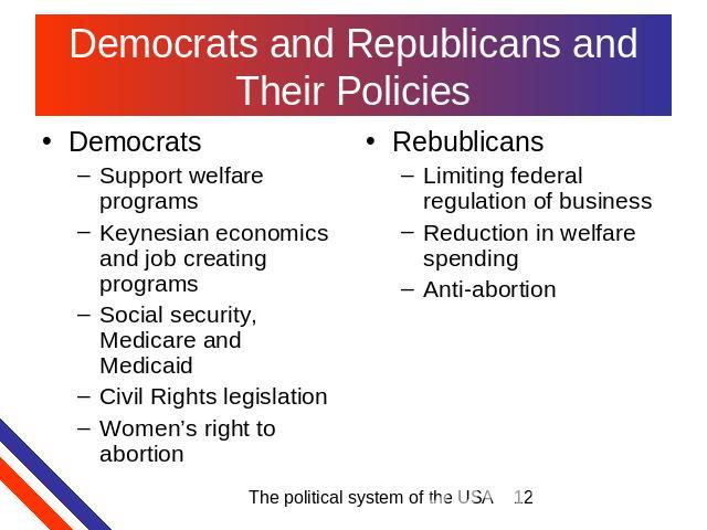 Democrats and Republicans and Their Policies DemocratsSupport welfare programsKeynesian economics and job creating programsSocial security, Medicare and MedicaidCivil Rights legislationWomen’s right to abortion RebublicansLimiting federal regulation…