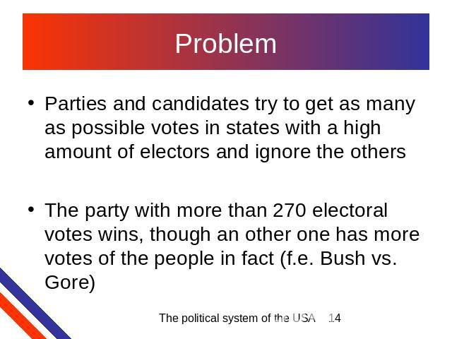 Problem Parties and candidates try to get as many as possible votes in states with a high amount of electors and ignore the othersThe party with more than 270 electoral votes wins, though an other one has more votes of the people in fact (f.e. Bush …