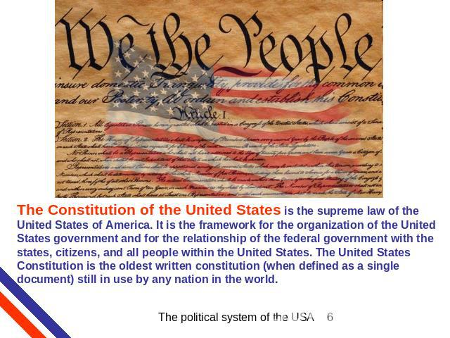 The Constitution of the United States is the supreme law of the United States of America. It is the framework for the organization of the United States government and for the relationship of the federal government with the states, citizens, and all …
