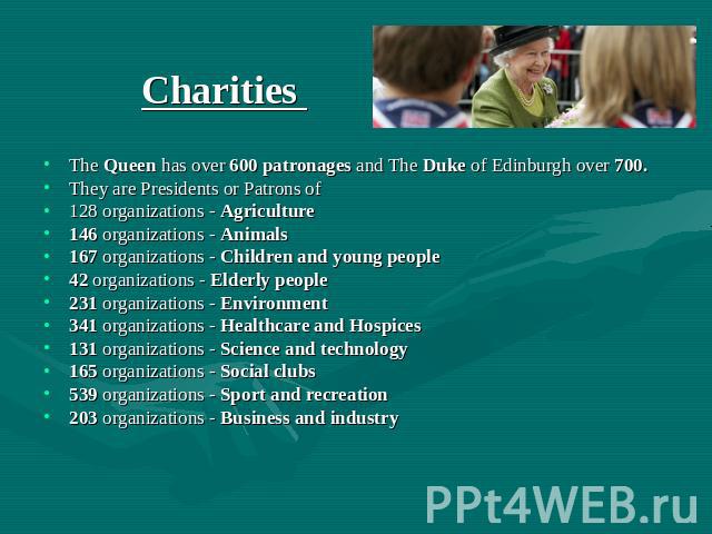 Charities The Queen has over 600 patronages and The Duke of Edinburgh over 700.They are Presidents or Patrons of128 organizations - Agriculture146 organizations - Animals167 organizations - Children and young people42 organizations - Elderly people2…