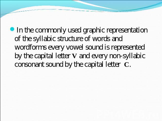 In the commonly used graphic representation of the syllabic structure of words and wordforms every vowel sound is represented by the capital letter V and every non-syllabic consonant sound by the capital letter C.