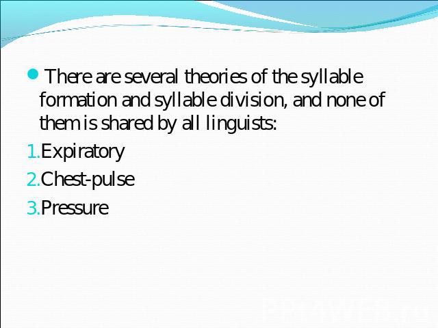 There are several theories of the syllable formation and syllable division, and none of them is shared by all linguists:ExpiratoryChest-pulsePressure