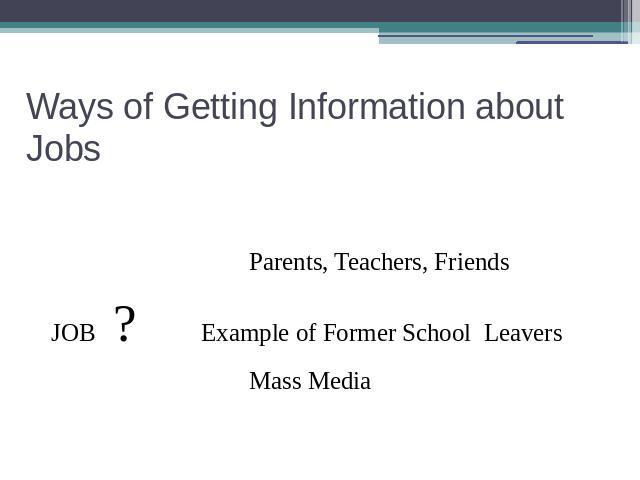 Ways of Getting Information about Jobs Parents, Teachers, Friends JOB ? Example of Former School Leavers Mass Media