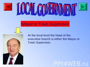 LOCAL GOVERNMENT Mayor or Town Supervisor At the local level the head of theexec