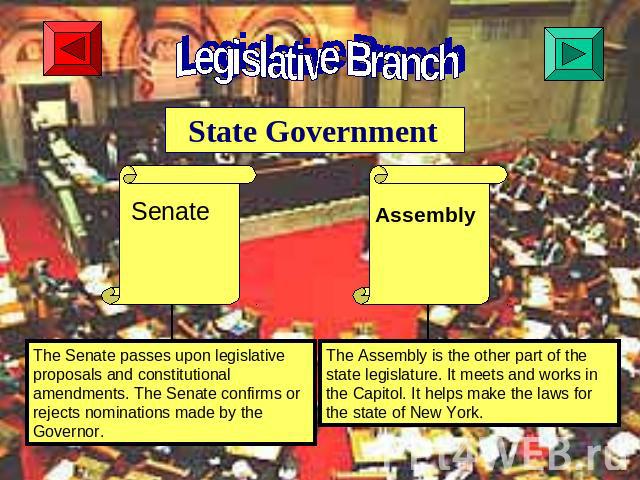 Legislative Branch State Government SenateThe Senate passes upon legislative proposals and constitutional amendments. The Senate confirms or rejects nominations made by theGovernor. Assembly The Assembly is the other part of the state legislature. I…