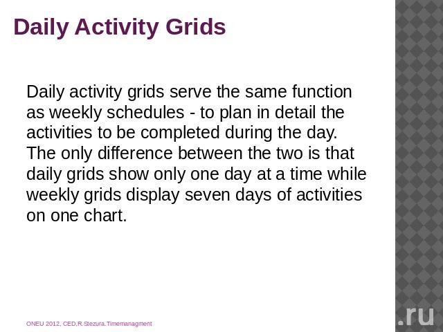 Daily Activity Grids Daily activity grids serve the same function as weekly schedules - to plan in detail the activities to be completed during the day. The only difference between the two is that daily grids show only one day at a time while weekly…