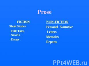 Prose FICTION Short Stories Folk Tales Novels Essays NON-FICTIONPersonal Narrati