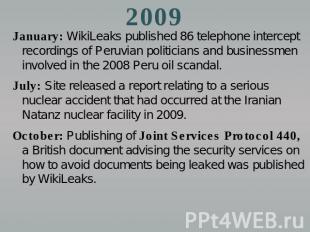 2009 January: WikiLeaks published 86 telephone intercept recordings of Peruvian