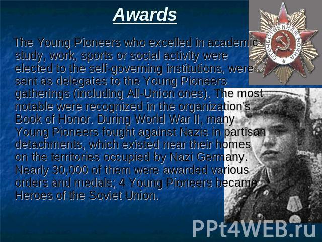 Awards The Young Pioneers who excelled in academic study, work, sports or social activity were elected to the self-governing institutions, were sent as delegates to the Young Pioneers gatherings (including All-Union ones). The most notable were reco…