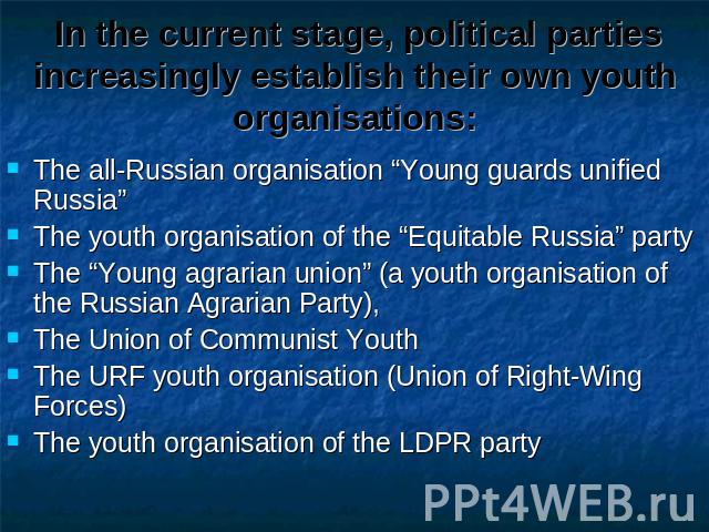 In the current stage, political parties increasingly establish their own youth organisations: The all-Russian organisation “Young guards unified Russia”The youth organisation of the “Equitable Russia” partyThe “Young agrarian union” (a youth organis…