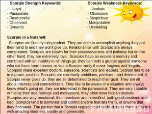   Scorpio Strength Keywords: Scorpio Weakness Keywords: - Loyal - Jealous- Passi
