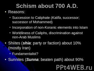 Schism about 700 A.D. Reasons: Succession to Caliphate (Kalifa, successor; succe