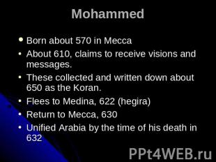 Mohammed Born about 570 in Mecca About 610, claims to receive visions and messag