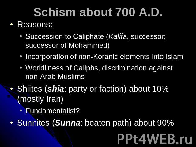 Schism about 700 A.D. Reasons: Succession to Caliphate (Kalifa, successor; successor of Mohammed) Incorporation of non-Koranic elements into Islam Worldliness of Caliphs, discrimination against non-Arab MuslimsShiites (shia: party or faction) about …