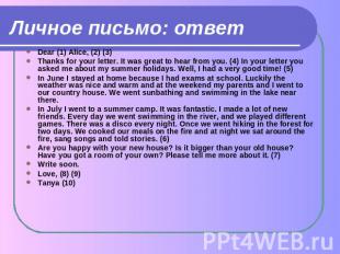 Личное письмо: ответ Dear (1) Alice, (2) (3)Thanks for your letter. It was great